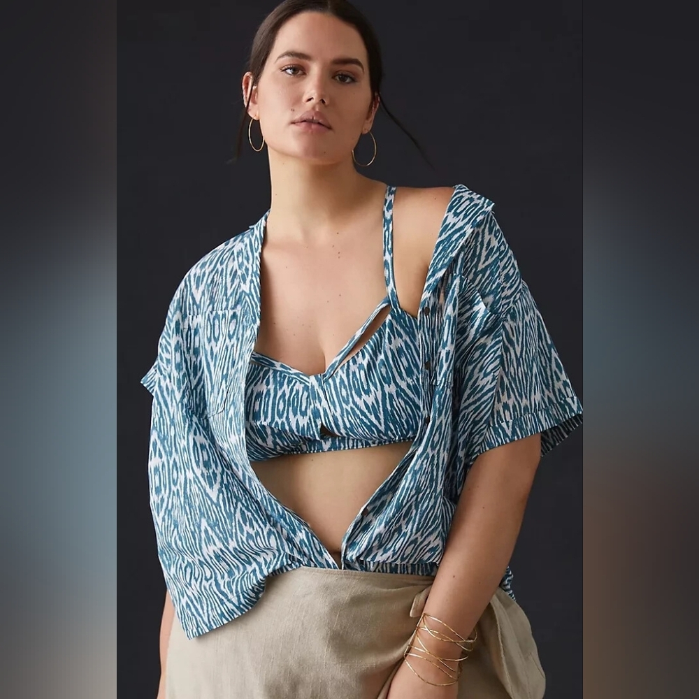 Anthropologie Pilcro Surf Bra Top In Ikat Blue And White Print Size M - Picture 2 of 12
